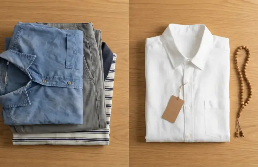 Home 7 Foto perbandingan tumpukan pakaian sehari-hari yang sudah terpakai di sebelah kiri dan kemeja putih baru dengan label dan tasbih di sebelah kanan, ilustrasi artikel doa berpakaian.