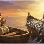 Illustration comparing a patient believer praying with an empty net and an arrogant disbeliever experiencing istidraj with a boat full of fish.