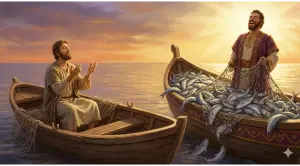 Home 5 Illustration comparing a patient believer praying with an empty net and an arrogant disbeliever experiencing istidraj with a boat full of fish.