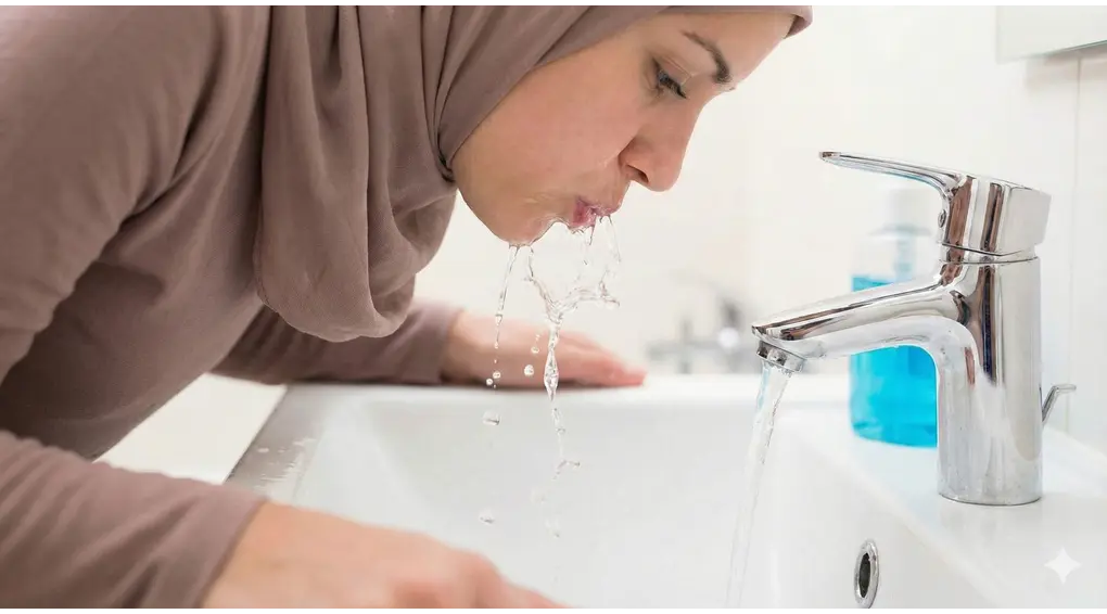 Hukum Menelan Ludah, Dahak, dan Muntah Saat Puasa Menurut Kitab Asna al-Matalib 4 Seseorang sedang berkumur di wastafel untuk membersihkan mulut setelah muntah tidak sengaja agar puasa tetap sah.Seseorang sedang berkumur di wastafel untuk membersihkan mulut setelah muntah tidak sengaja agar puasa tetap sah.