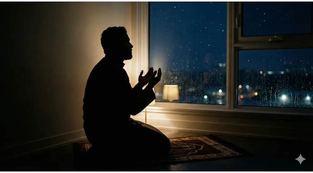 Secrets of Accepted Prayer: A Complete Guide to the Etiquette of Supplication According to Imam Al-Ghazali and An-Nawawi 2 A silhouette of a Muslim man sitting on a prayer mat in the dark, raising his hands in supplication (dua) by a window while it rains.
