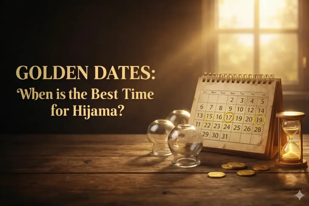 The Best Time for Hijama: Unveiling Myths of Tuesdays, Wednesdays, and Sunnah Dates 2 Illustration showing the recommended dates for hijama (cupping therapy) with a calendar and cupping cups.