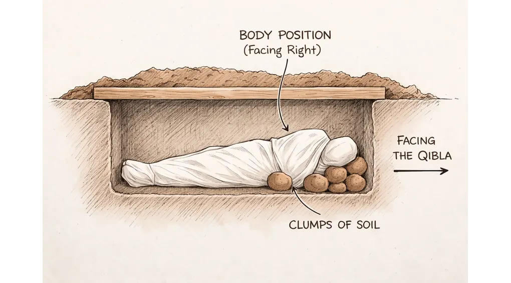 The Complete Guide to Islamic Funeral Rites (Tajhiz al-Janazah) According to Shafi'i Fiqh 6 Illustration showing the Islamic burial position with the body placed on its right side facing the Qibla.