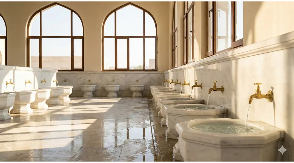 The Mandatory Pillars of Ghusl: 2 Obligatory Conditions in Shafi'i Fiqh 4 A brightly lit, pristine white marble traditional Islamic ablution area with rows of brass water taps, empty and serene.
