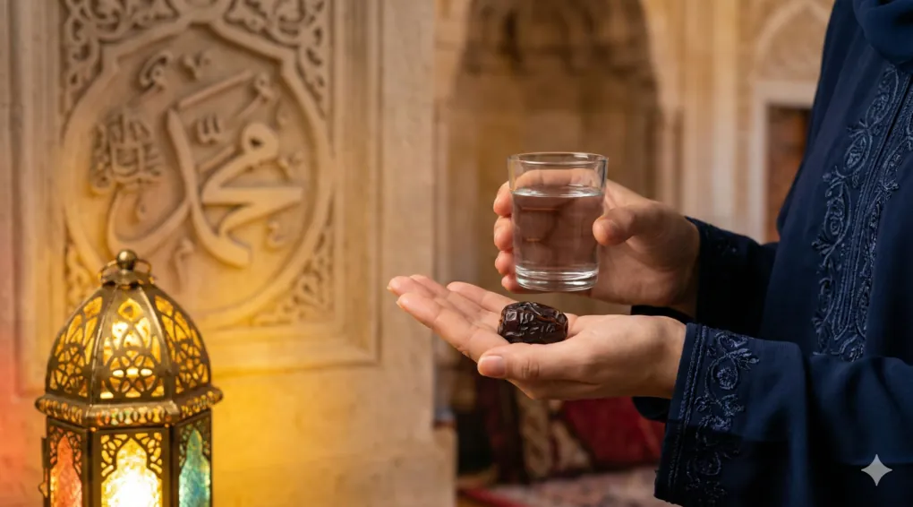 Kumpulan Doa Berbuka Puasa Sesuai Sunnah Berdasarkan Kitab Kanzun Najah was Surur 3 Close-up tangan memegang kurma dan segelas air untuk berbuka puasa, dengan latar belakang kaligrafi Arab yang elegan bertuliskan "Muhammad" dan lentera Ramadan yang menyala.