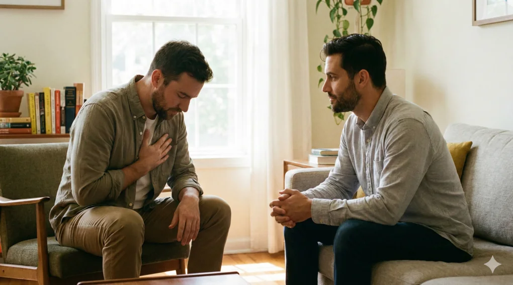 Fiqih Taubat Haqqul Adami: Cara Mengembalikan Hak & Meminta Maaf 4 Dua orang pria sedang duduk berhadapan secara serius, salah satunya menunjukkan gestur meminta maaf dengan tulus atas kesalahan lisan dan pelanggaran kehormatan.