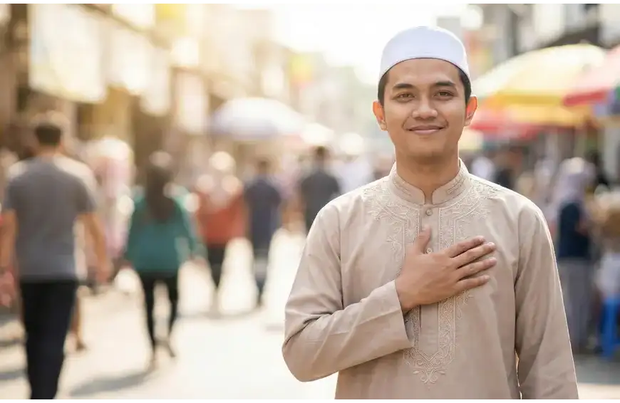 Home 1 A Muslim man smiling patiently, placing his hand on his chest as a symbol of restraining his anger and saying 'Inni Saim' (I am fasting).