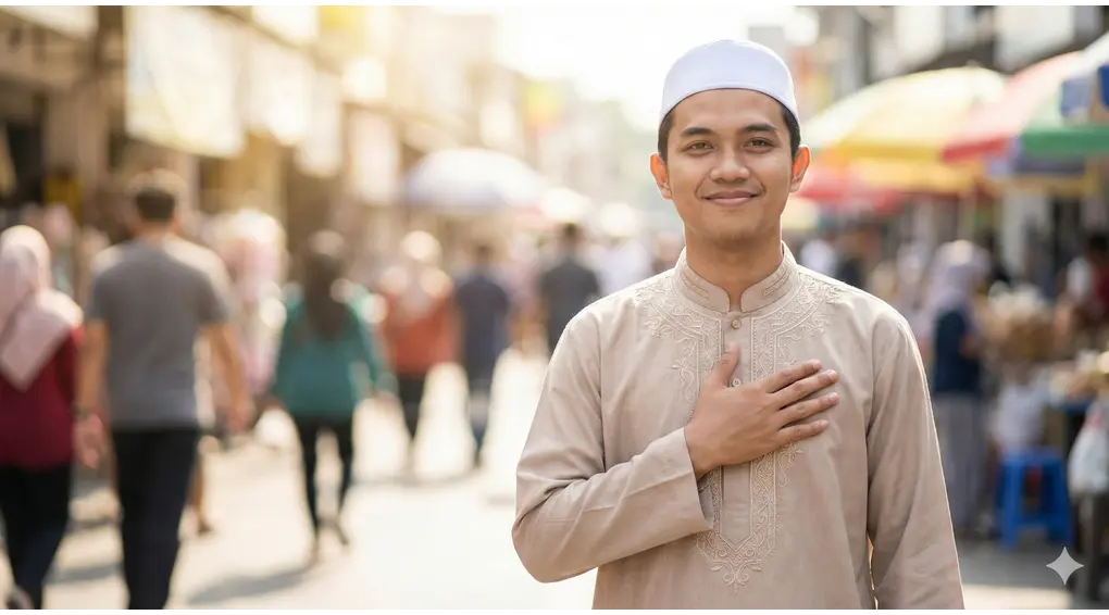Cara Menahan Amarah Saat Puasa: Makna Inni Shaim & Adab Lisan 1 A Muslim man smiling patiently, placing his hand on his chest as a symbol of restraining his anger and saying 'Inni Saim' (I am fasting).