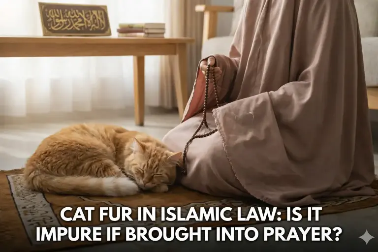 Shafi'i School of Jurisprudence: The Complete Guide to Islamic Law, Prayers, and Tasawuf 1 Illustration discussing the ruling of cat fur in Islamic law and whether it affects the validity of prayer.