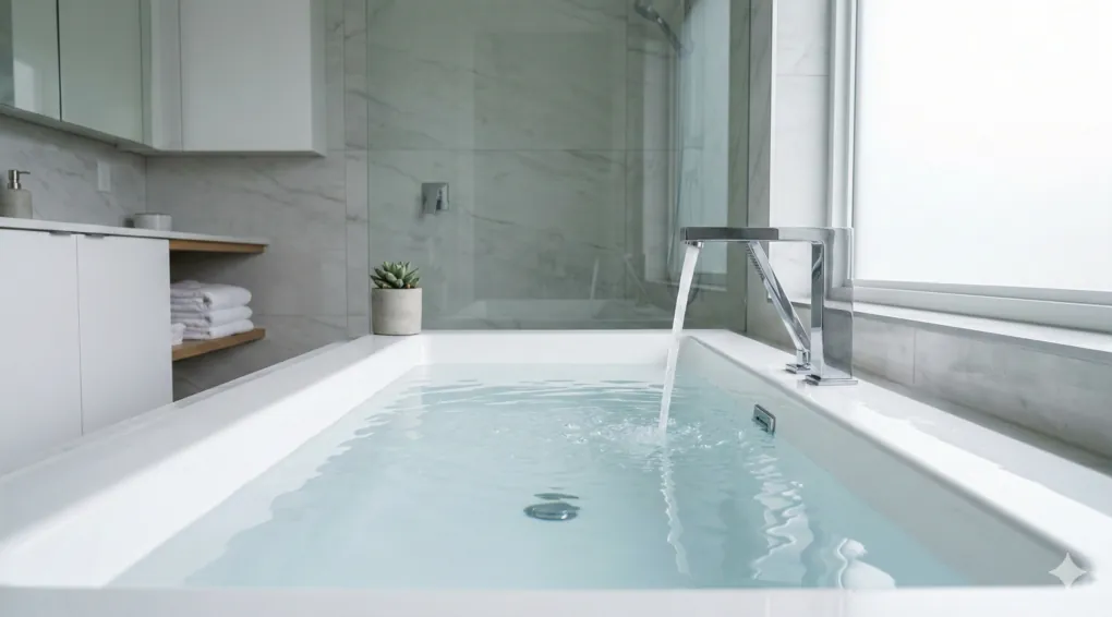 How to Purify Najis and Musta'mal Water: A Study of the Book Asna al-Mathalib 3 Pristine, modern, minimalist bathroom interior with bright atmosphere. Crystal clear water is flowing steadily from a sleek metallic tap into a ceramic box bathtub. The bathtub is full, with the water level nearly overflowing.