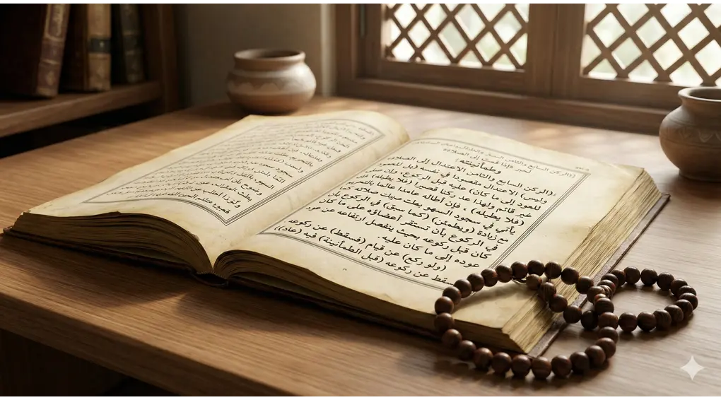 How to Perform I'tidal in Salah: A Complete Shafi'i Guide 3 Open classical Arabic fiqh manuscript resting on a wooden desk next to wooden prayer beads, illuminated by soft natural sunlight.