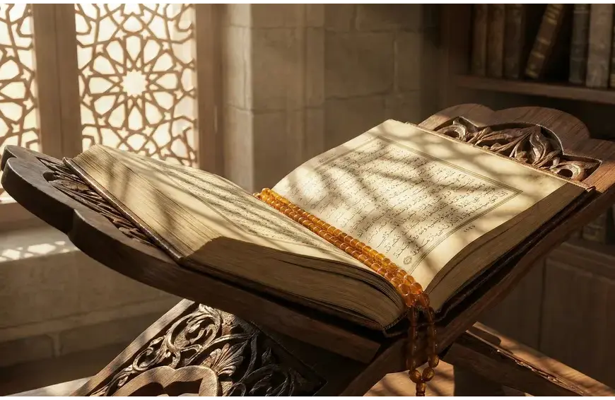 Home 9 An open classical Islamic manuscript resting on a carved wooden rihal (book stand) with prayer beads, illuminated by sunlight through a patterned window.