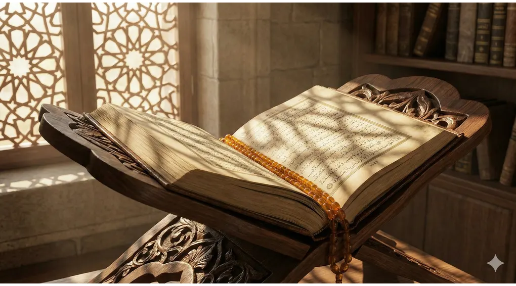 The Meaning of Fiqh: Understanding Islamic Law in Daily Life 1 An open classical Islamic manuscript resting on a carved wooden rihal (book stand) with prayer beads, illuminated by sunlight through a patterned window.