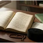 Ruling on Paying a Muezzin: A Comprehensive Fiqh Analysis from Asna al-Matalib Open classical Arabic fiqh manuscript next to a mosque financial ledger, tasbih, and kufi on a wooden desk.