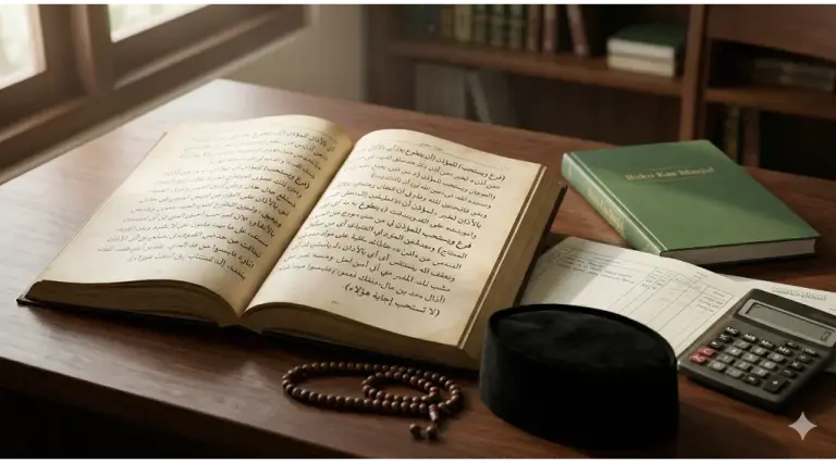 Shafi'i School of Jurisprudence: The Complete Guide to Islamic Law, Prayers, and Tasawuf 1 Open classical Arabic fiqh manuscript next to a mosque financial ledger, tasbih, and kufi on a wooden desk.