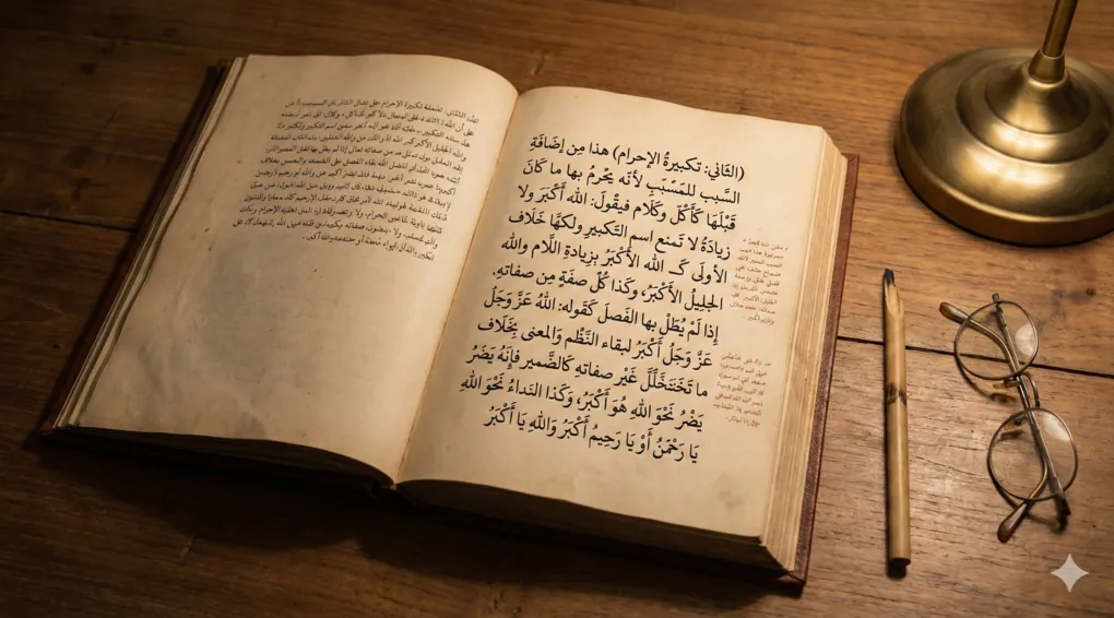 A Complete Guide to Takbiratul Ihram in Shafi'i Fiqh: Meaning, Pronunciation, and 17 Essential Conditions 3 Antique open Islamic jurisprudence (fiqh) manuscript on a wooden table, displaying classical Arabic script on prayer rules, accompanied by reading glasses and a traditional pen.