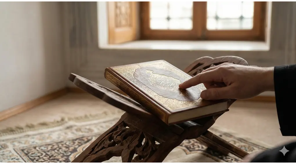 Complete Guide to the Virtues and Ramadan Practices Kanzun Najah was Surur 2 Close-up photograph of a closed gold-embossed Quran resting on an intricately carved wooden bookstand (rehal). A hand respectfully points towards the cover. Soft natural light from a window.