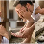 A six-panel photo collage illustrating the 6 fardu (obligatory pillars) of wudu in sequence: niyyah (top left), washing the face, washing arms, wiping the head, washing feet, and an illustration of tartib/order (bottom right).