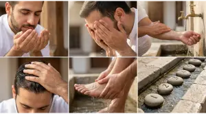 Home 15 A six-panel photo collage illustrating the 6 fardu (obligatory pillars) of wudu in sequence: niyyah (top left), washing the face, washing arms, wiping the head, washing feet, and an illustration of tartib/order (bottom right).