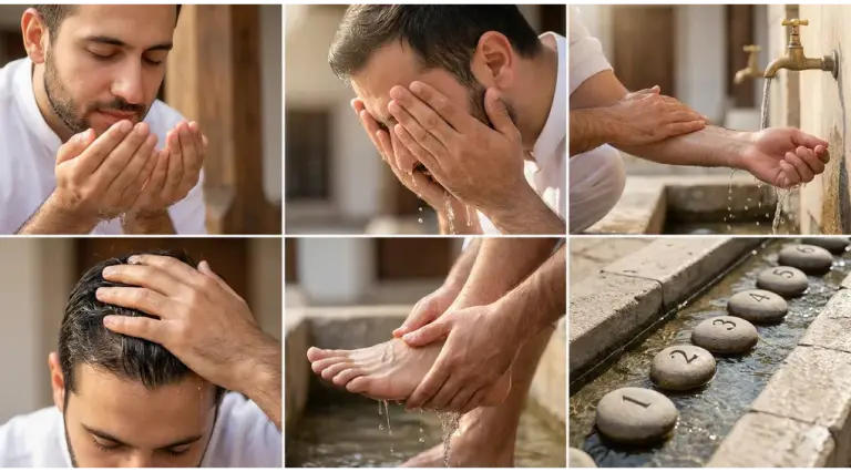 Home 1 A six-panel photo collage illustrating the 6 fardu (obligatory pillars) of wudu in sequence: niyyah (top left), washing the face, washing arms, wiping the head, washing feet, and an illustration of tartib/order (bottom right).