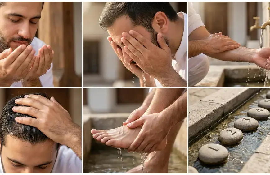 Home 13 A six-panel photo collage illustrating the 6 fardu (obligatory pillars) of wudu in sequence: niyyah (top left), washing the face, washing arms, wiping the head, washing feet, and an illustration of tartib/order (bottom right).