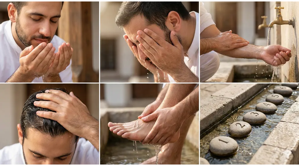 Farḍ al-Wuḍūʾ: The 6 Essential Pillars for Valid Worship We Must Understand 1 A six-panel photo collage illustrating the 6 fardu (obligatory pillars) of wudu in sequence: niyyah (top left), washing the face, washing arms, wiping the head, washing feet, and an illustration of tartib/order (bottom right).