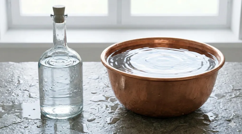 How to Purify Najis and Musta'mal Water: A Study of the Book Asna al-Mathalib 2 Side-by-side photograph of two vessels on a wet stone surface: a glass bottle with a very narrow neck on the left, and a copper bowl or bucket with a very wide mouth on the right. Both are filled with clear water.