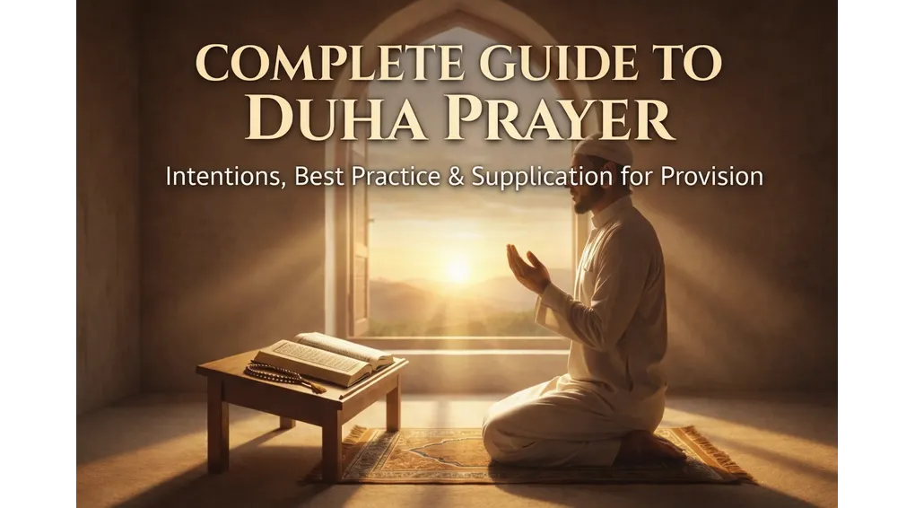 Muslim man performing Dhuha prayer near a window with sunlight, illustrating a complete guide to Dhuha prayer including intention, steps, best time, and dua for sustenance.