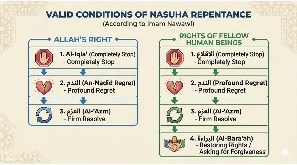 Conditions of Taubat Nasuha: Imam Nawawi's Guide to True Repentance 3 An infographic titled 'Valid Conditions of Nasuha Repentance (According to Imam Nawawi)' detailing steps for Hak Allah and Haqqul Adami.