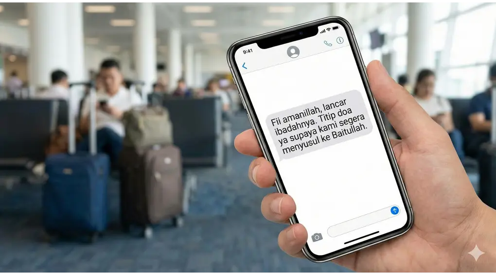 Close-up tangan memegang smartphone yang menampilkan pesan singkat titipan doa kepada kerabat yang akan umroh di bandara.