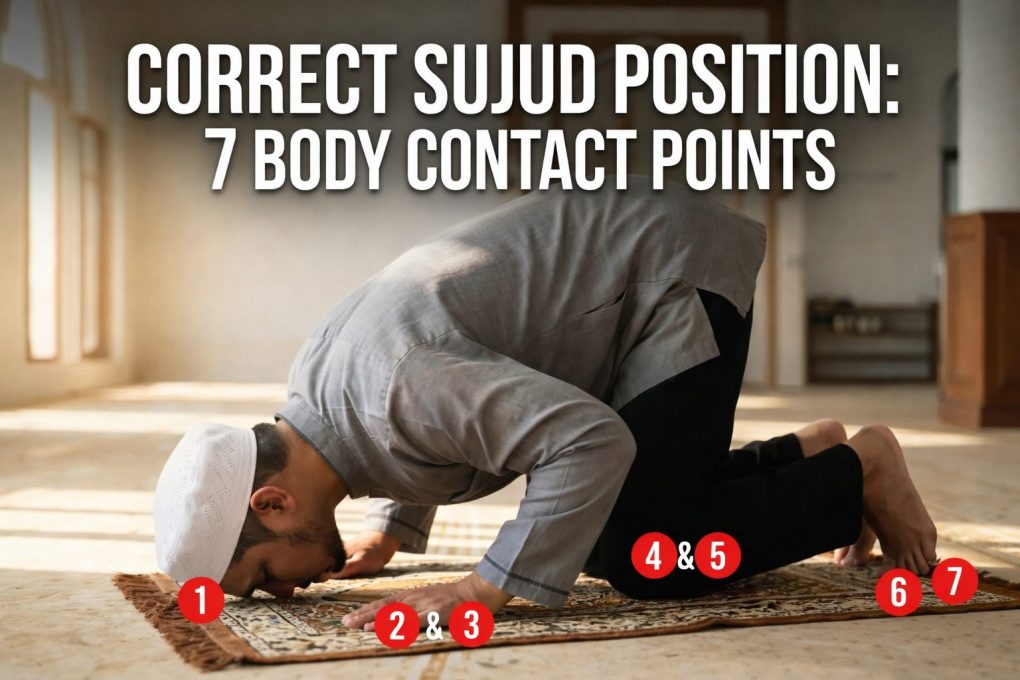 The Complete Guide to Proper Sujud: Posture and Supplications in Prayer 2 Diagram showing the correct sujud position in prayer highlighting the seven body parts that must touch the ground.