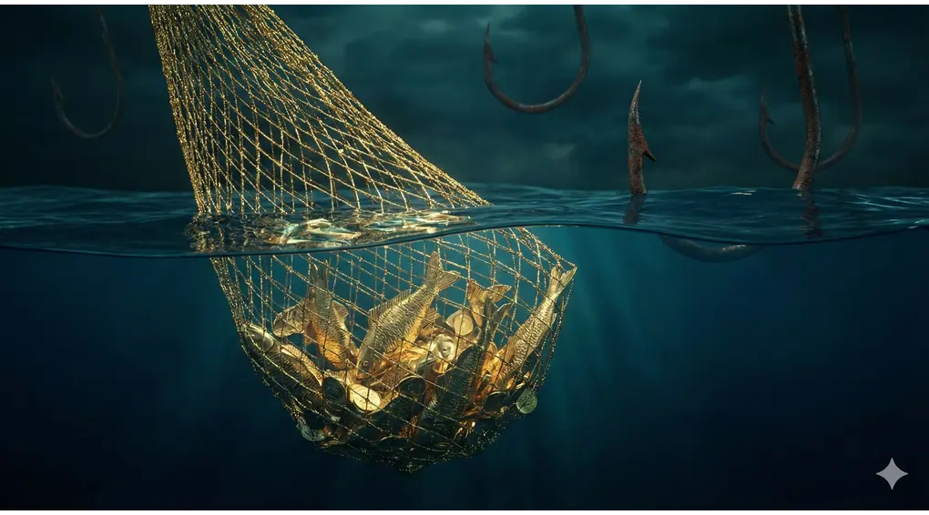The Believer and Disbeliever Fishing Story: Understanding Worldly Tests and Istidraj 3 Conceptual art of a golden net full of coins sinking to the ocean floor with giant fishing hooks, representing the danger of istidraj.