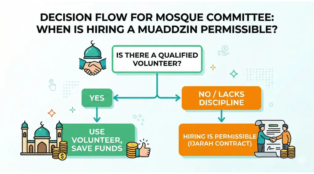 Ruling on Paying a Muezzin: A Comprehensive Fiqh Analysis from Asna al-Matalib 3 Flowchart infographic showing the decision process for a mosque committee on whether to hire a Muaddzin or use a volunteer.