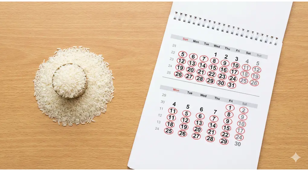 Takaran beras untuk sedekah fakir miskin di samping kalender dengan tanggal dilingkari merah selama dua bulan penuh, ilustrasi kaffarah puasa.