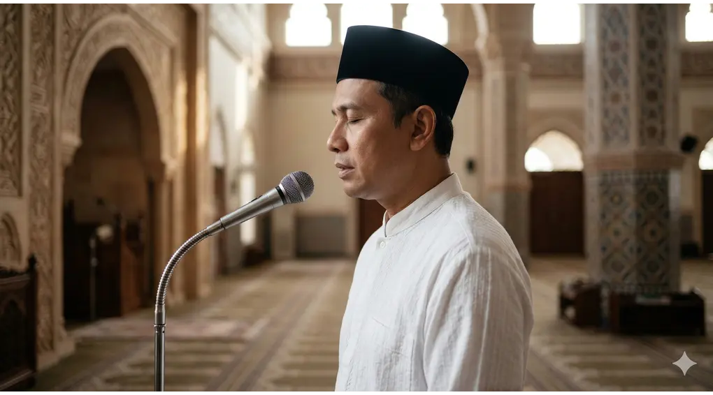 Ruling on Paying a Muezzin: A Comprehensive Fiqh Analysis from Asna al-Matalib 2 Side profile of a devout Muslim man wearing a kufi sincerely calling the Adhan into a microphone inside a softly lit mosque.