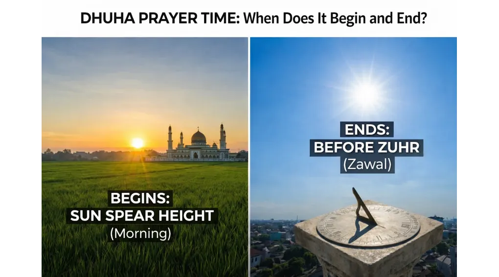 Complete Duha Prayer Guide: Intention, Method, Best Times, and Du'a 2 Infographic explaining the beginning and ending time of Dhuha prayer, starting when the sun rises to spear height and ending before the time of Zuhr.