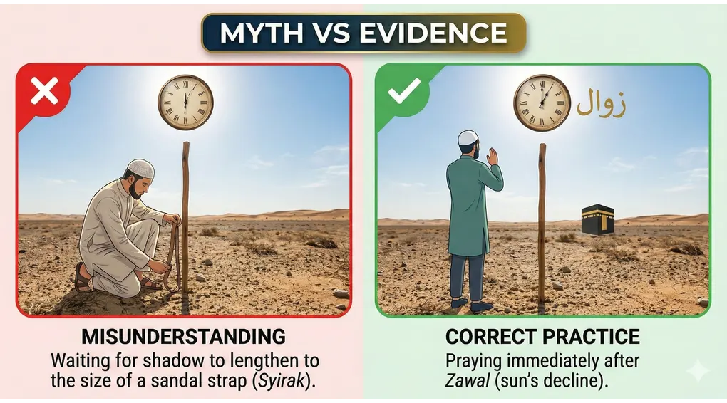 Dhuhr Prayer Time: From Natural Signs to the Final Limits 3 A side-by-side comparison titled "Myth vs. Evidence" showing a person incorrectly waiting for a sandal-strap shadow versus the correct practice of praying immediately after the sun's decline (zawal).