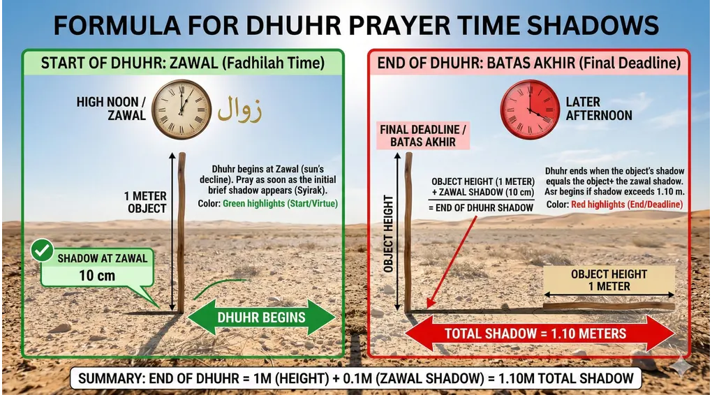 Dhuhr Prayer Time: From Natural Signs to the Final Limits 2 An educational infographic diagram illustrating the formula for the end of Dhuhr prayer: object height (1 meter) plus the zawal shadow (10 cm) equals the final deadline (1.10 meters), using green and red highlights.