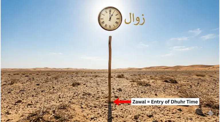 A realistic illustration of a wooden stick standing in an open field at high noon (zawal) with a shadow beginning to lengthen towards the east, featuring an analog clock and Arabic text "Zawal" in the sky.