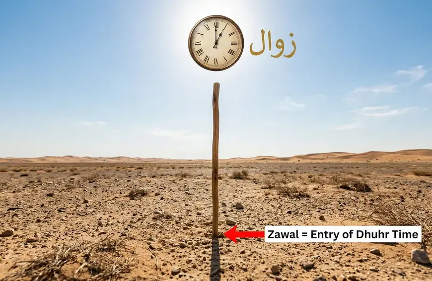 Home 39 A realistic illustration of a wooden stick standing in an open field at high noon (zawal) with a shadow beginning to lengthen towards the east, featuring an analog clock and Arabic text "Zawal" in the sky.