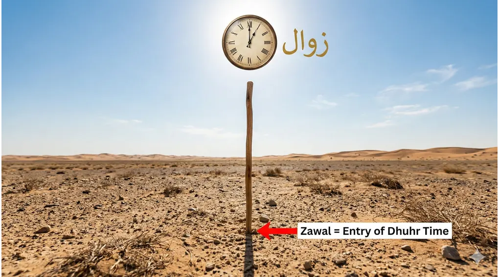 A realistic illustration of a wooden stick standing in an open field at high noon (zawal) with a shadow beginning to lengthen towards the east, featuring an analog clock and Arabic text "Zawal" in the sky.