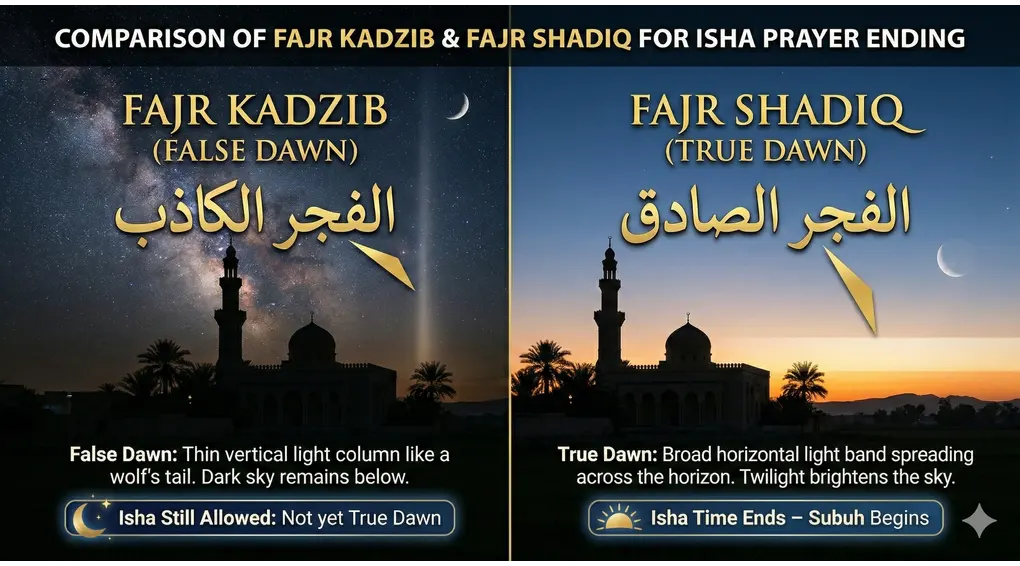 Isha Prayer Time Limit: Until Midnight or Fajr? Shafi‘i Fiqh Explanation 3 Split image comparison: Fajr Kadzib showing a vertical pillar of light (False Dawn) and Fajr Shadiq showing a horizontal band of light on the horizon (True Dawn).
