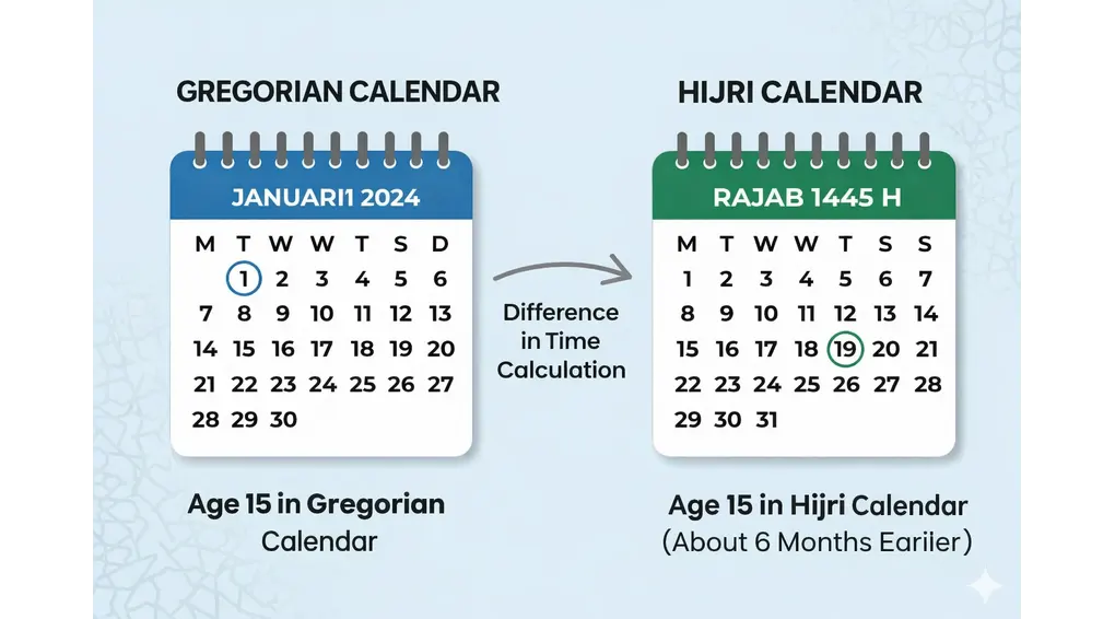 Signs of Puberty (Baligh) in Islam According to Safinatun Naja 3 Infographic comparing age calculation in the Gregorian calendar and the Hijri calendar, showing that 15 Hijri years occur about six months earlier.