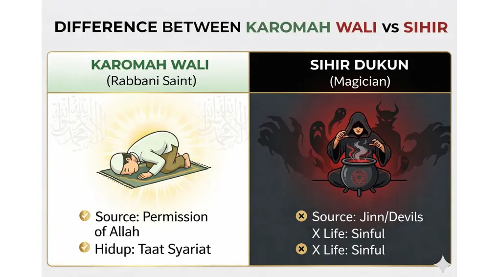 Rabbani Concept: Unveiling the Secrets of Why the Prayers of the Awliya are So Efficacious 3 Infographic explaining the difference between karomah of Islamic saints and sihr (sorcery), showing divine miracles versus magic from jinn or devils.