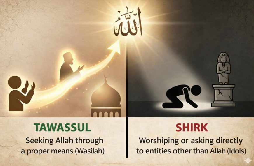 Home 7 Illustration comparing tawassul and shirk in Islam, showing supplication directed to Allah through a valid means versus worship directed to idols.
