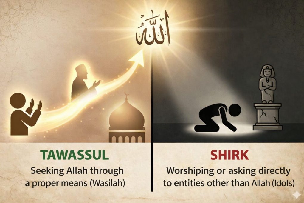 Illustration comparing tawassul and shirk in Islam, showing supplication directed to Allah through a valid means versus worship directed to idols.