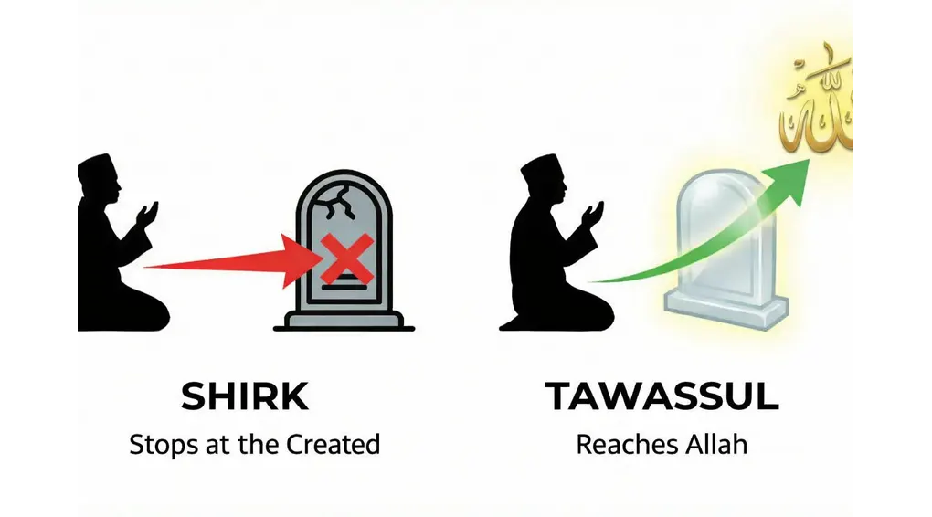 Tawassul in Islam: The Elephant and Gold Logic Against Grave Worship 3 Illustration explaining the difference between shirk and tawassul in Islam, showing prayer stopping at a grave versus prayer reaching Allah.