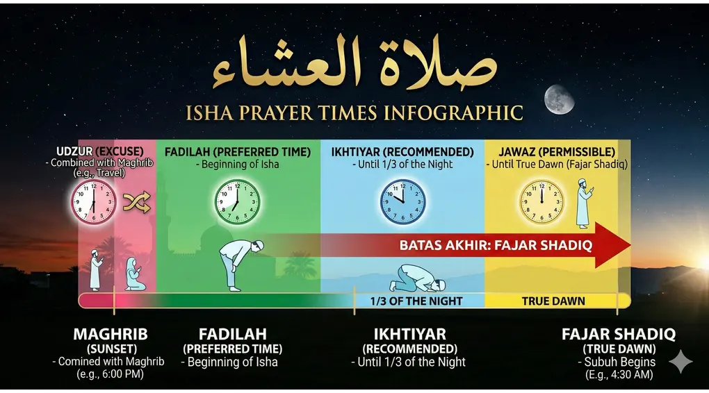 Isha Prayer Time Limit: Until Midnight or Fajr? Shafi‘i Fiqh Explanation 2 An infographic showing four colored zones for Isha prayer: Fadilah (Preferred), Ikhtiyar (Recommended), Jawaz (Permissible), and Udzur (Excuse) with analog clocks and prayer icons.