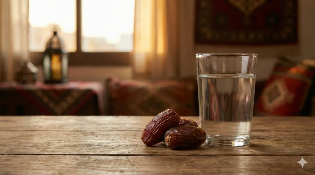 Dzikir & Doa Puasa Ramadhan Terlengkap (Kitab Al-Adzkar An-Nawawi) 4 Tiga butir kurma segar dan segelas air putih jernih di atas meja kayu untuk menu berbuka puasa sesuai sunnah.