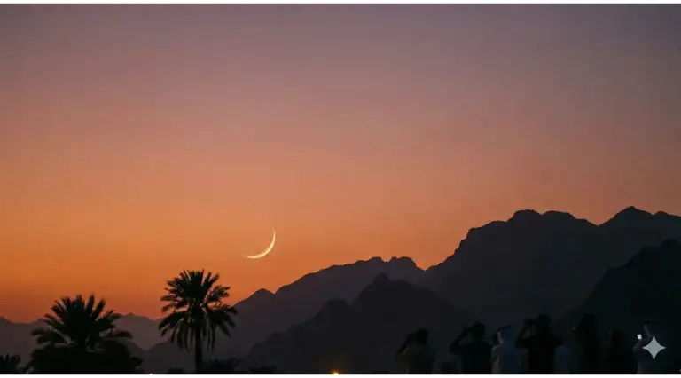Home 29 The sighting of the hilal, or the first crescent moon, on the western horizon at dusk, marking the beginning of the new Hijri month.